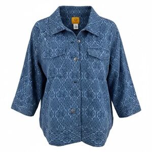 Ruby Rd. Women's Tribal Print cropped sleeves Denim Jean Jacket 12 Blue Western